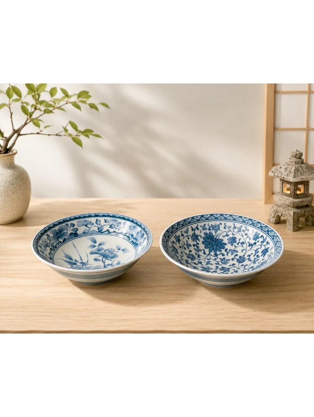 Takamine Kiln Japan 1970s Set Of 2 Serving Bowls Porcelain Blue White, 8x2.75”